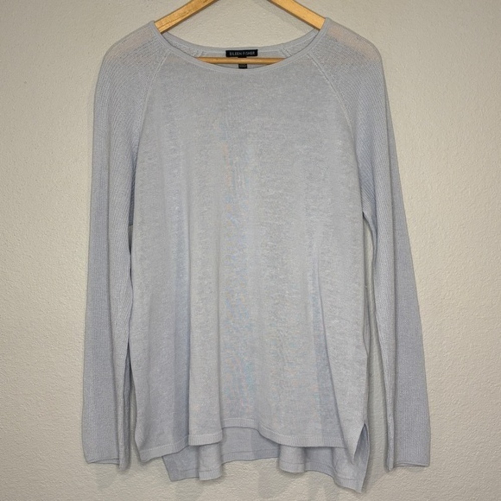 Eileen Fisher organic linen/cotton lightweight sweater side slits pale blue L